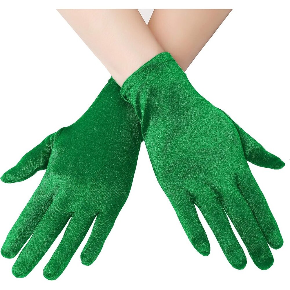 Women's 8-6 Green Elastic Short Length Satin Wrist Gloves Wedding Bride Prom
